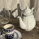 White earthenware teapot with blue and silver trim H22.5