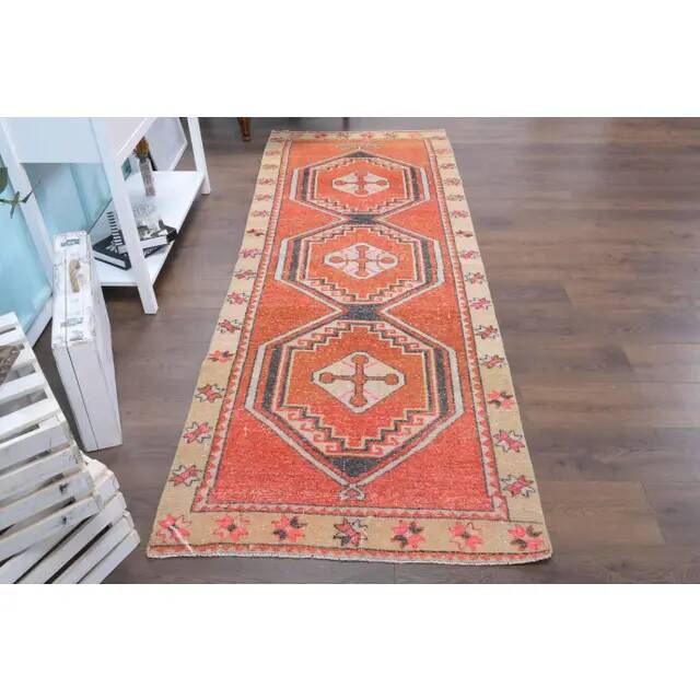 Vintage Turkish Hand-Knotted Wool Cotton Red Runner Rug 100x268