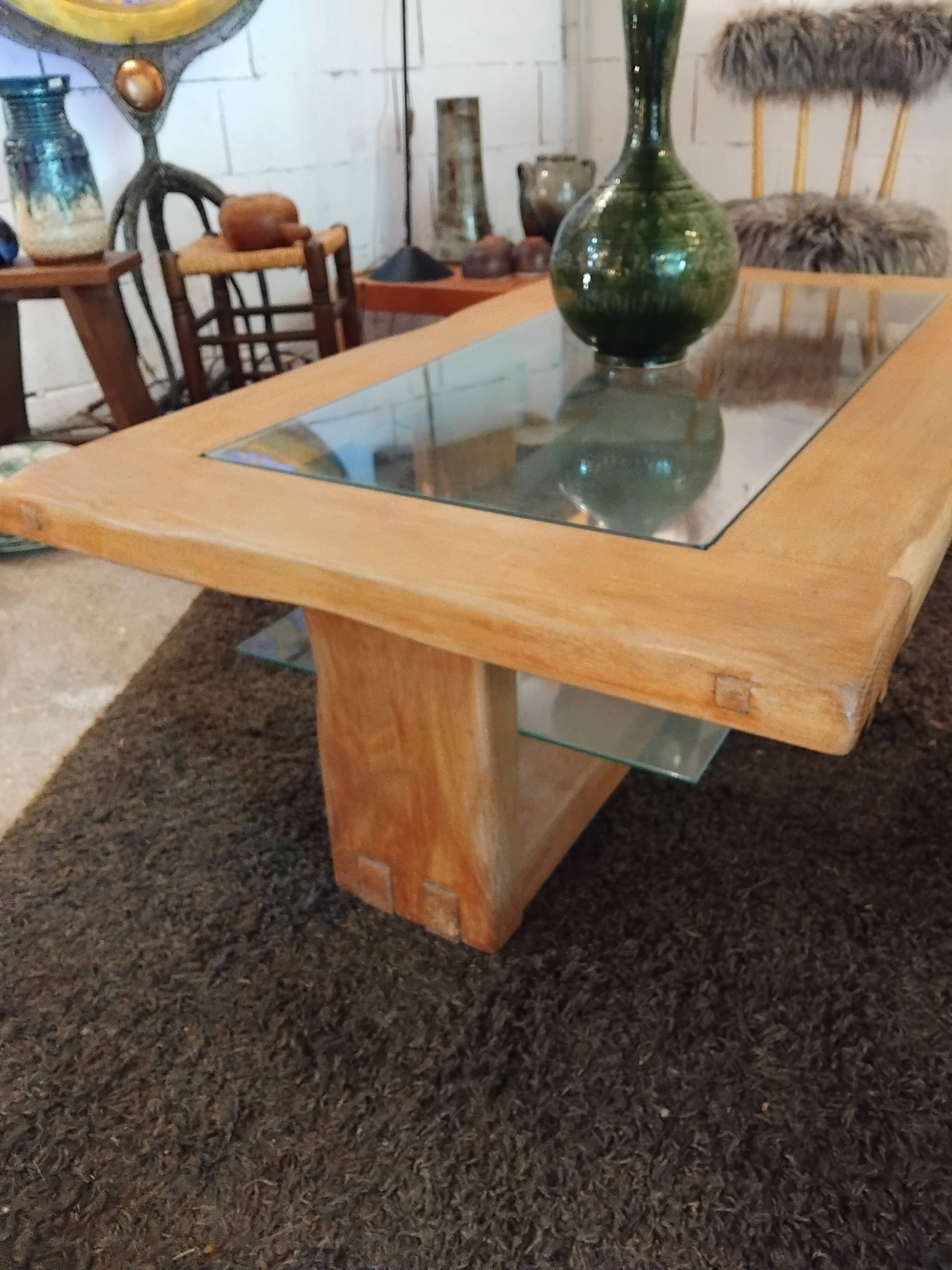 table basse vintage en chêne massif double plateteau verre