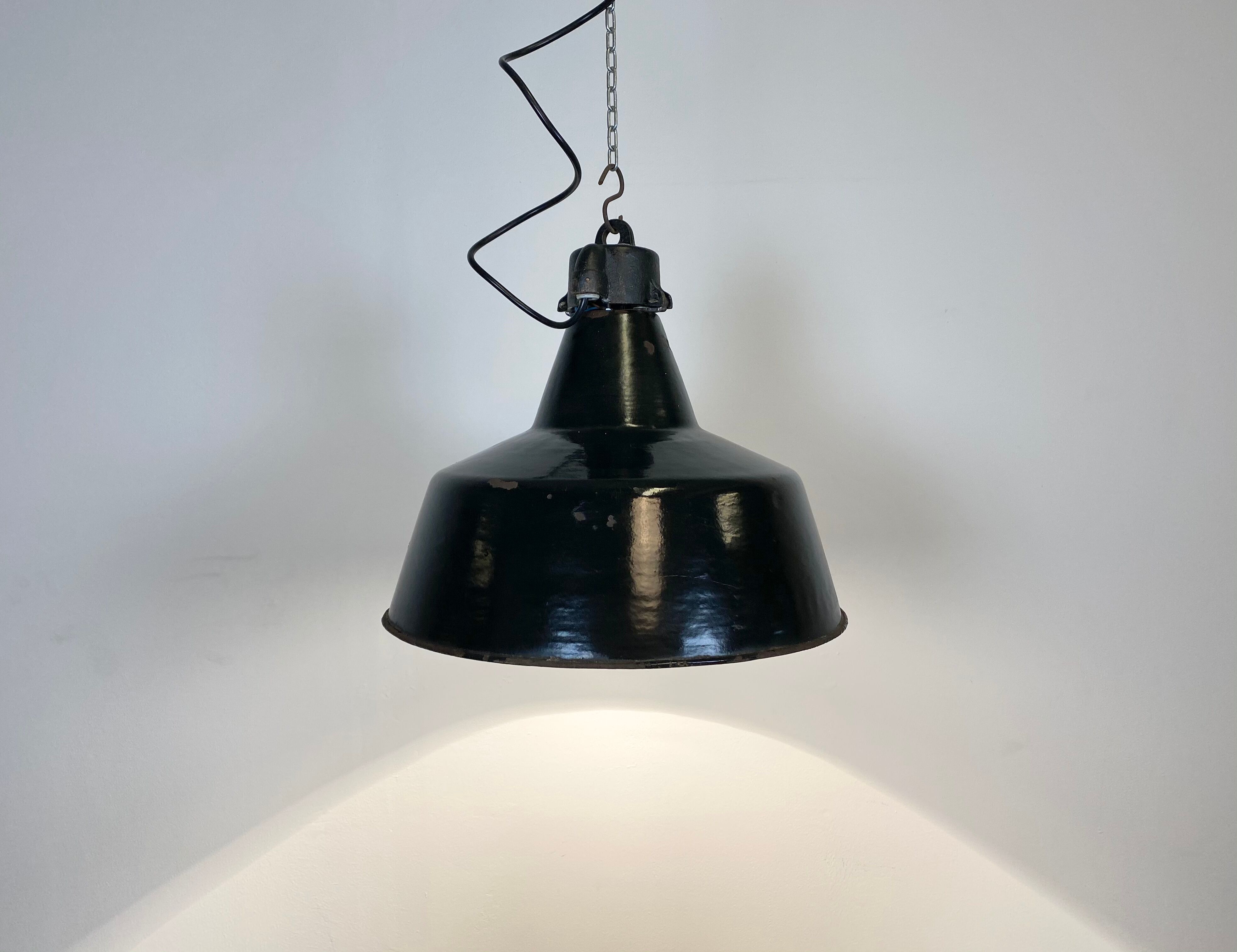 Industrial black enamel pendant lamp with cast iron top, 1970s