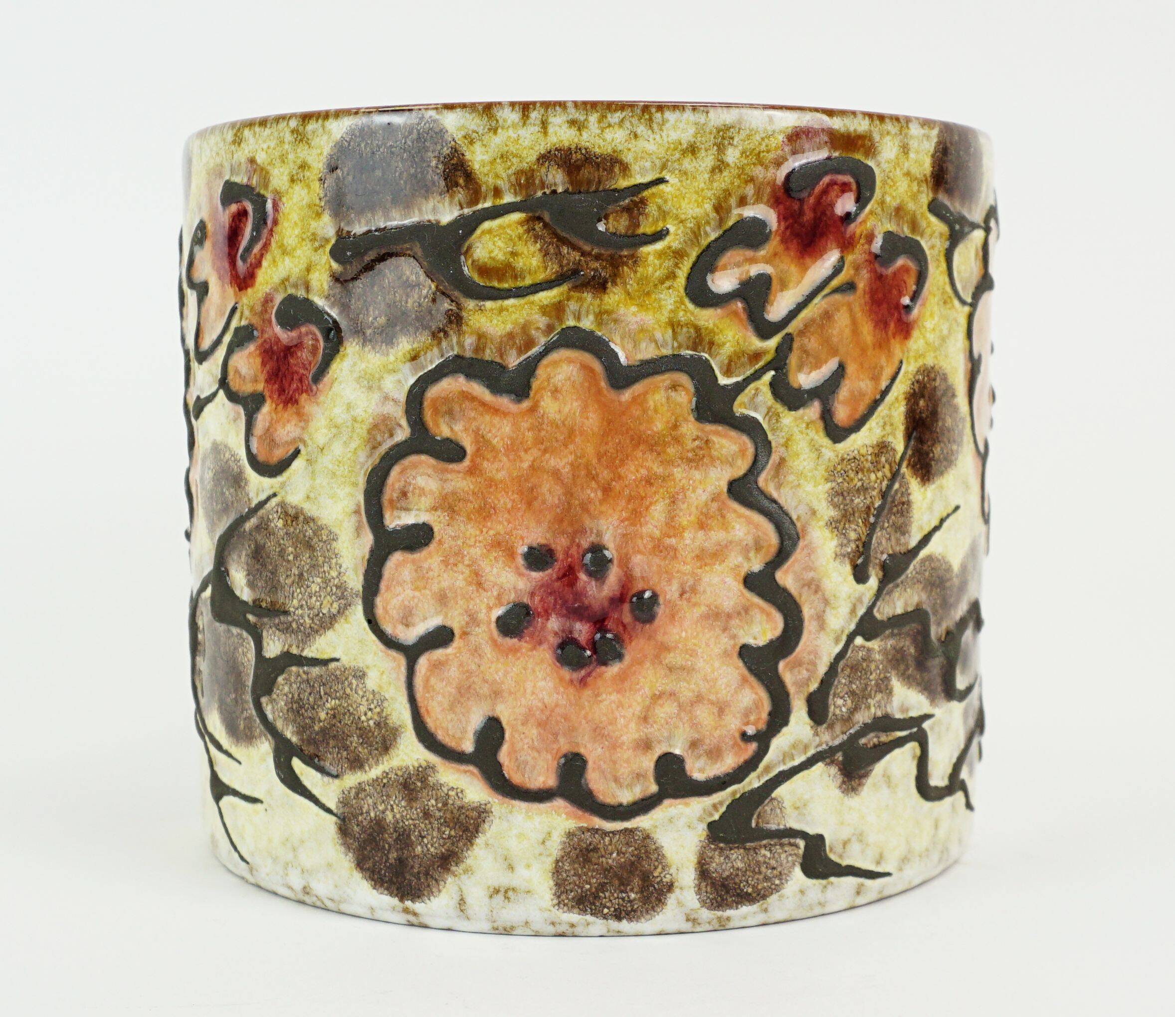 pot de fleurs en céramique vintage des années 1960-70, pot de plante, décor floral en fat lava