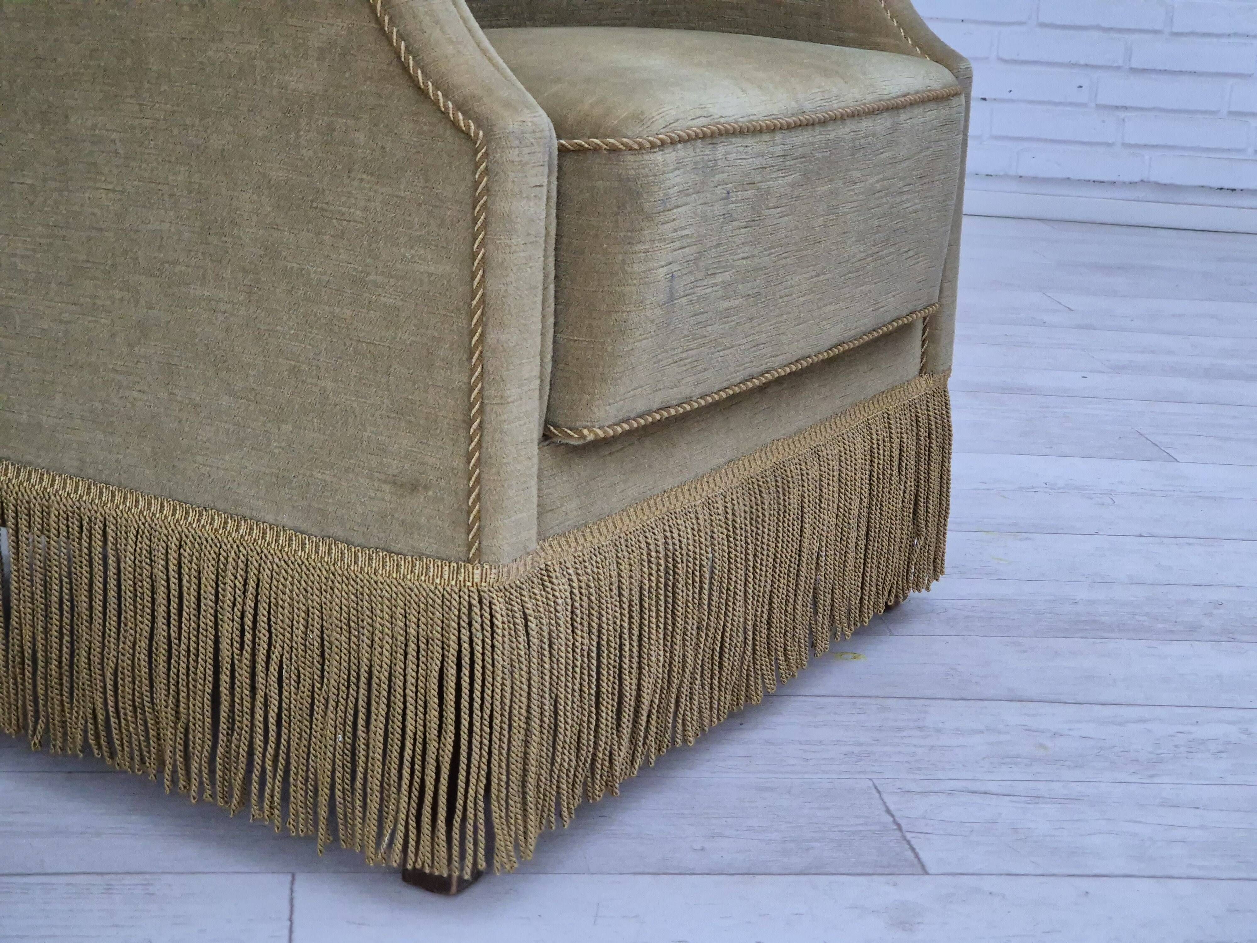 1970s, Danish design, wingback armchair, original condition, furniture velour, beech wood legs.