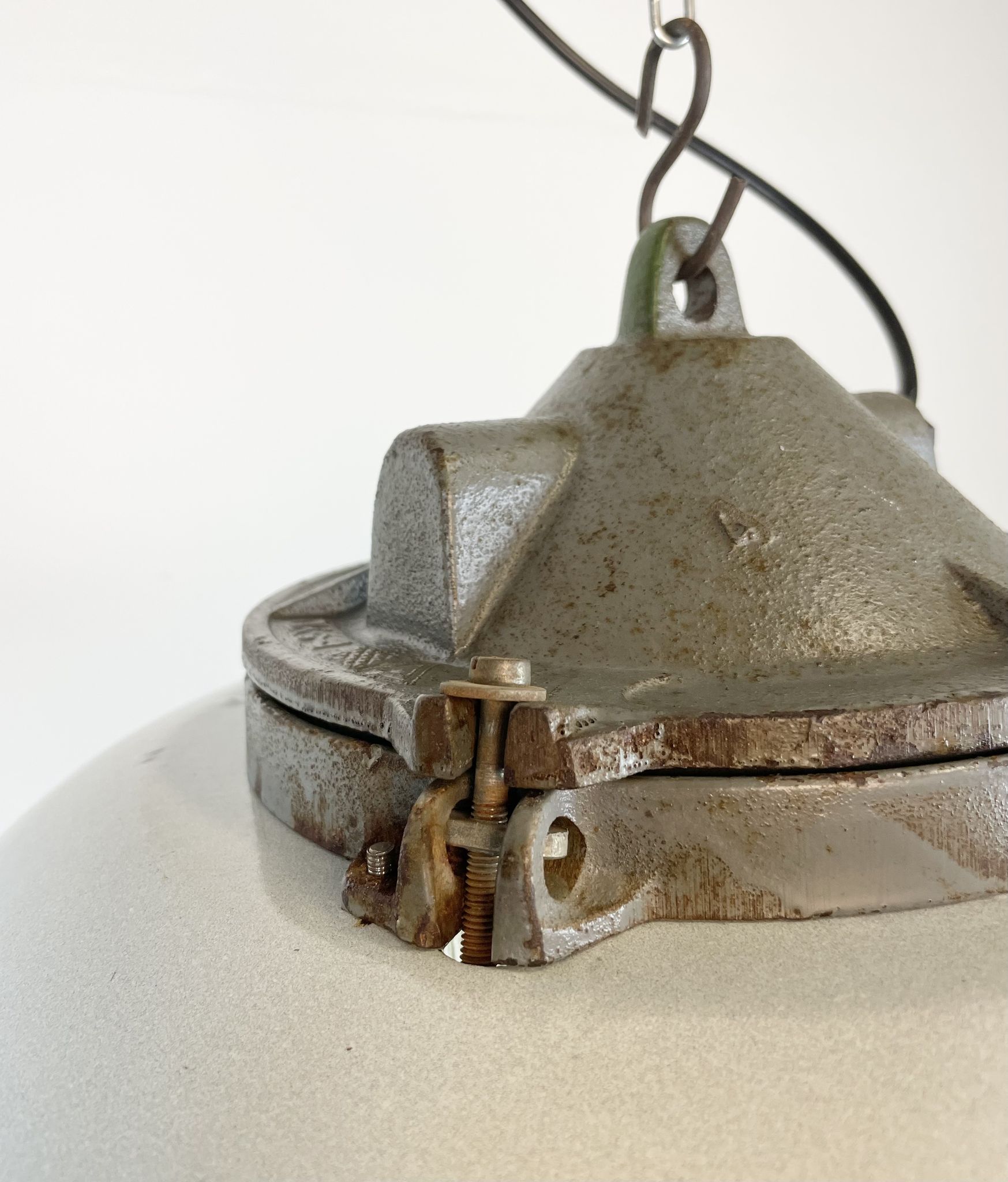 Industrial Grey Enamel Factory Cage Pendant Lamp in Cast Iron from Zaos, 1960s