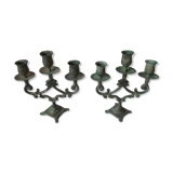 Pair of metal candlesticks patina green grey