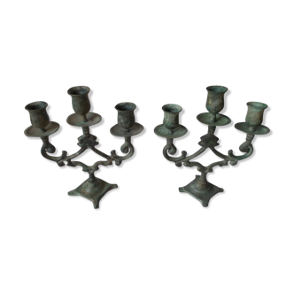 Pair of metal candlesticks patina green grey