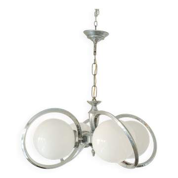 Vintage Space Age chandelier in opaline and chrome – 1970s
