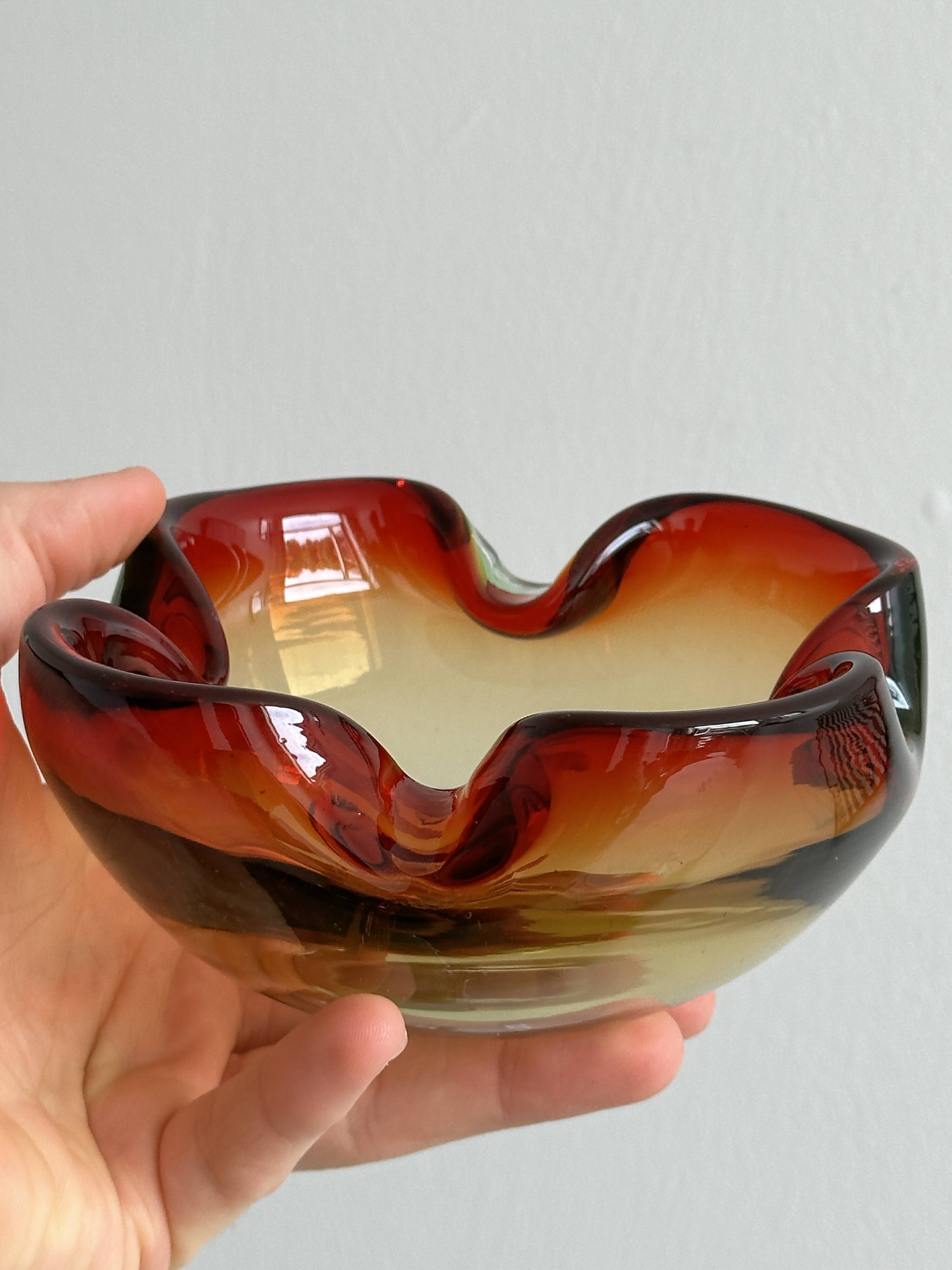Murano style blown glass cup, multi-colored red gradient ashtray