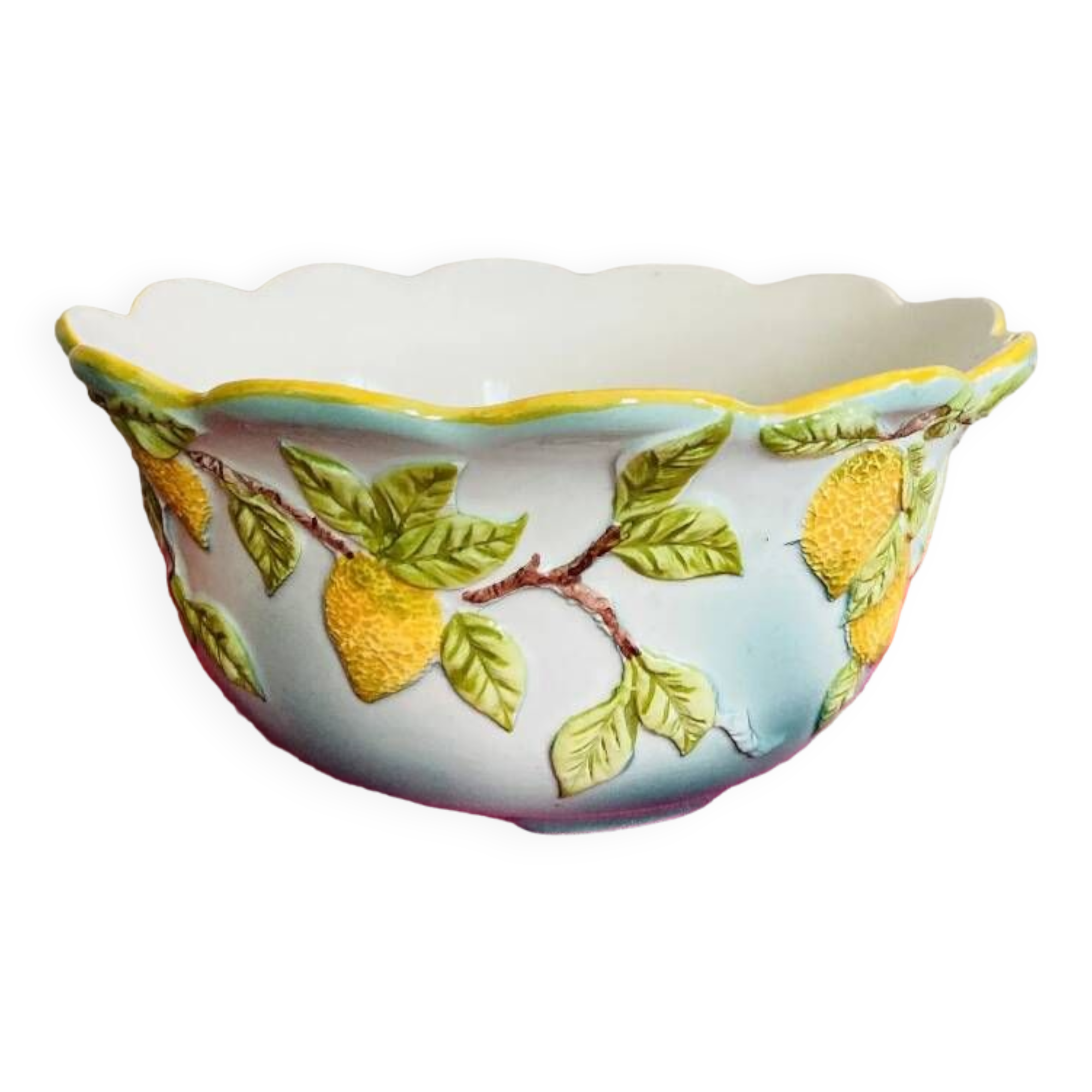 Ceramic cup decorated with lemons in relief, artist GV, 20th century