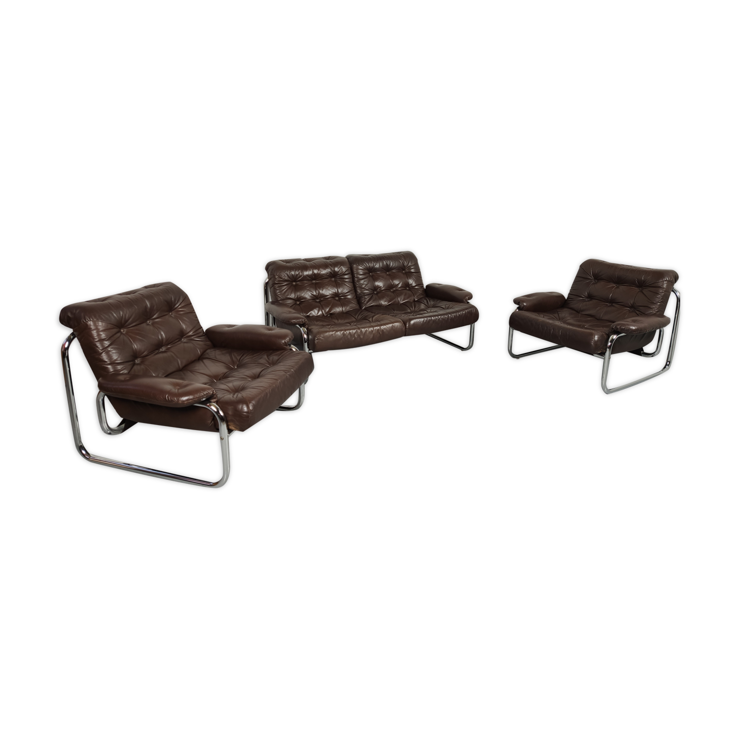 Sofa and 2 armchairs by Johan Bertil Ugggstrom 1970s chrome leather