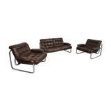 Sofa and 2 armchairs by Johan Bertil Ugggstrom 1970s chrome leather
