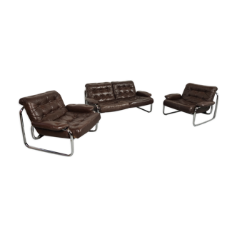Sofa and 2 armchairs by Johan Bertil Ugggstrom 1970s chrome leather