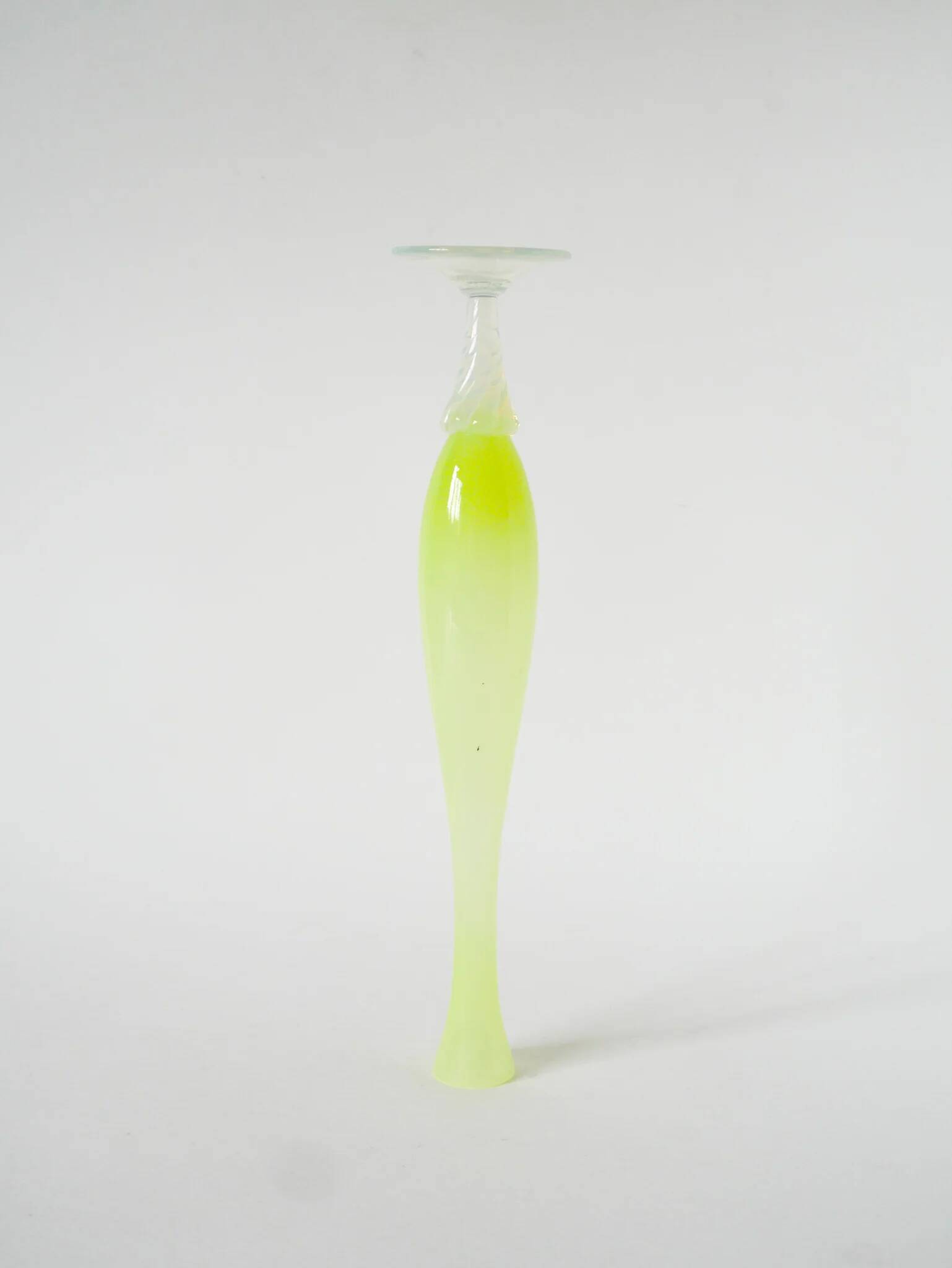 elongated opaline vase, yellow with white feet, 1960