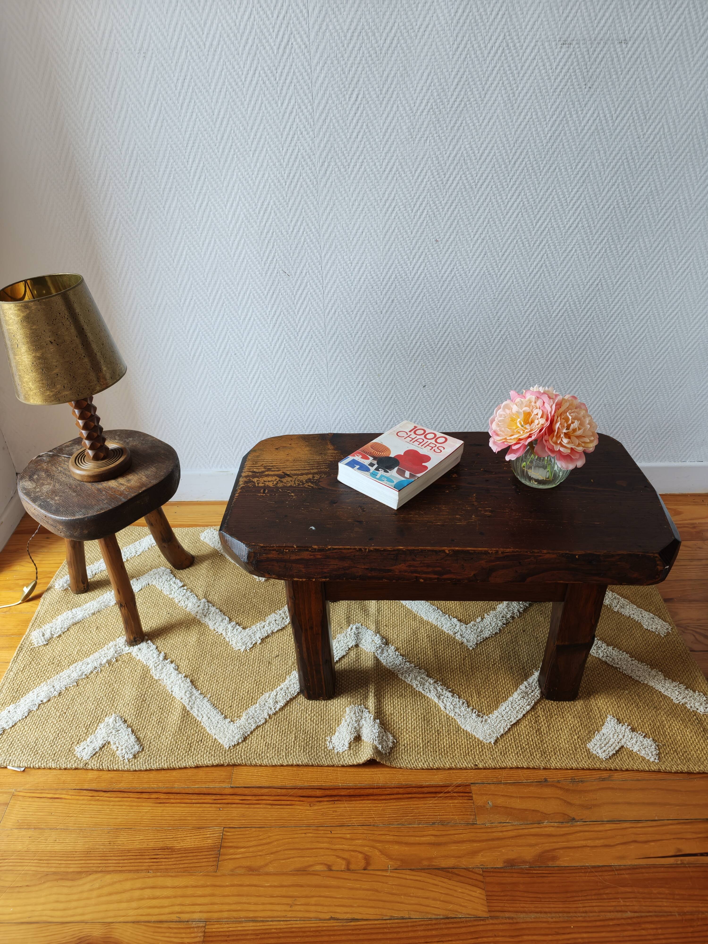 Brutalist coffee table made of solid wood – Handcrafted – 1960s-70s