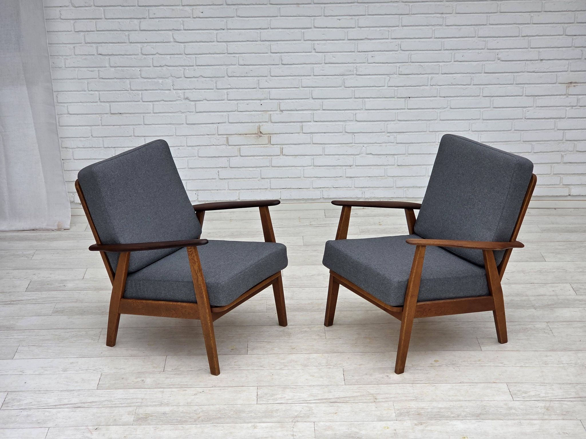 1970s, pair of Danish armchairs, reupholstered, furniture wool, teak, oak.