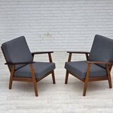 1970s, pair of Danish armchairs, reupholstered, furniture wool, teak, oak.