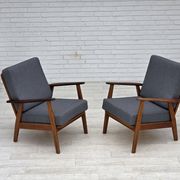 1970s, pair of Danish armchairs, reupholstered, furniture wool, teak, oak.