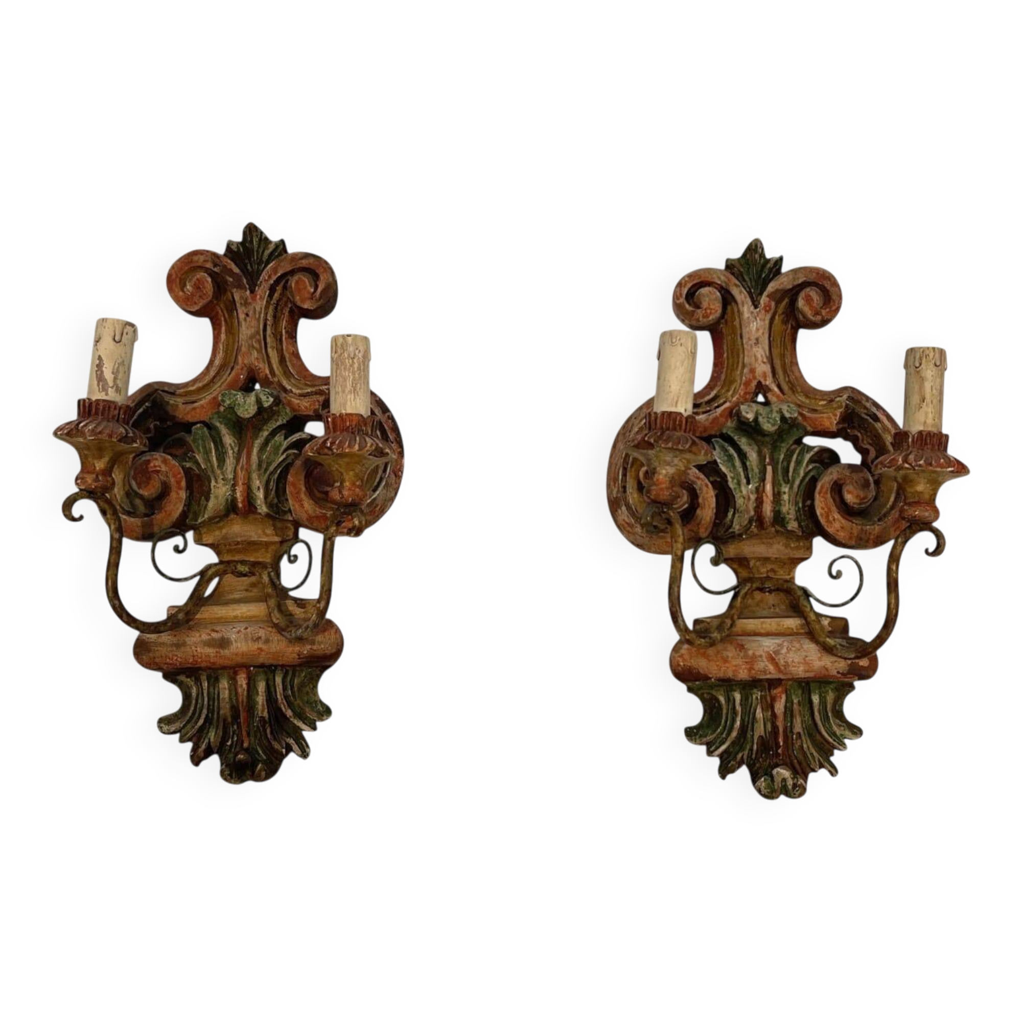 Pair of Polychrome Carved Wood Wall Lights with Vase and Acanthus. Arm in Iron.