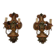 Pair of Polychrome Carved Wood Wall Lights with Vase and Acanthus. Arm in Iron.