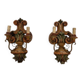 Pair of Polychrome Carved Wood Wall Lights with Vase and Acanthus. Arm in Iron.