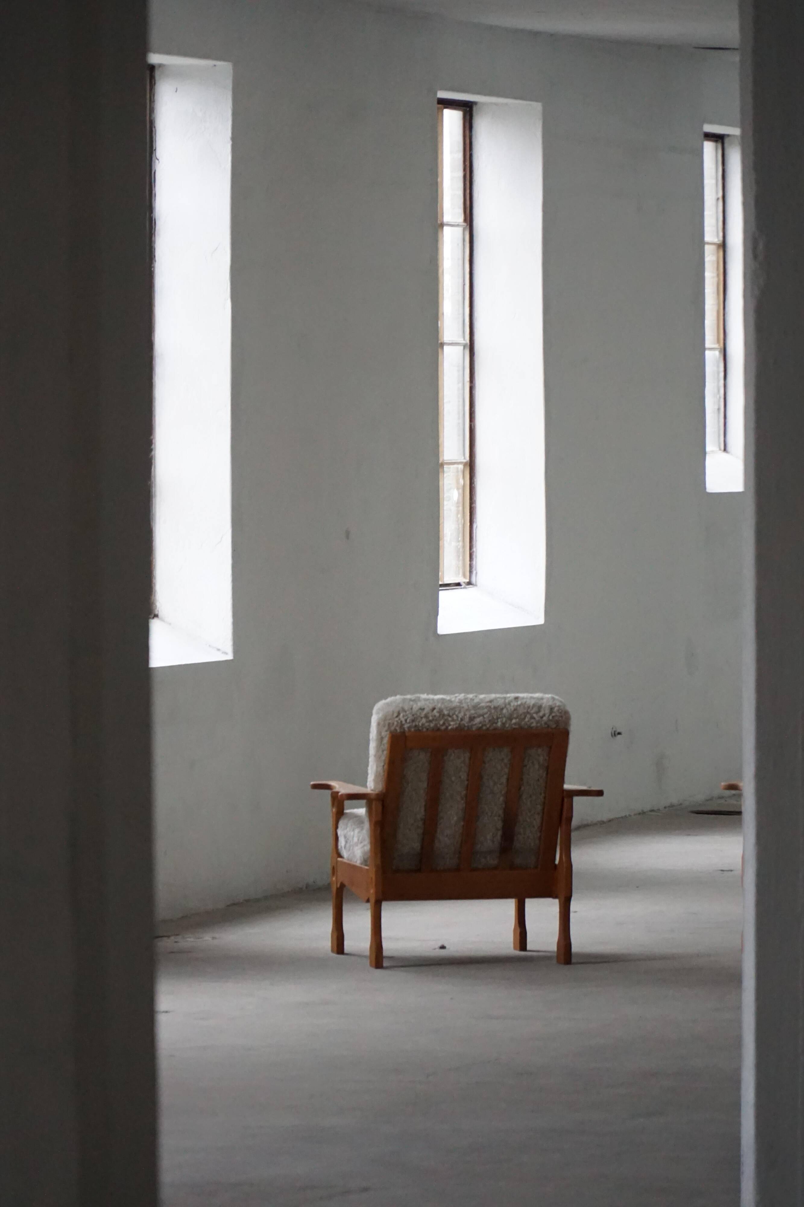 Modern Danish, Pair of Lounge Armchairs in Oak and Lambswool, Henning Kjærnulf, 1960s