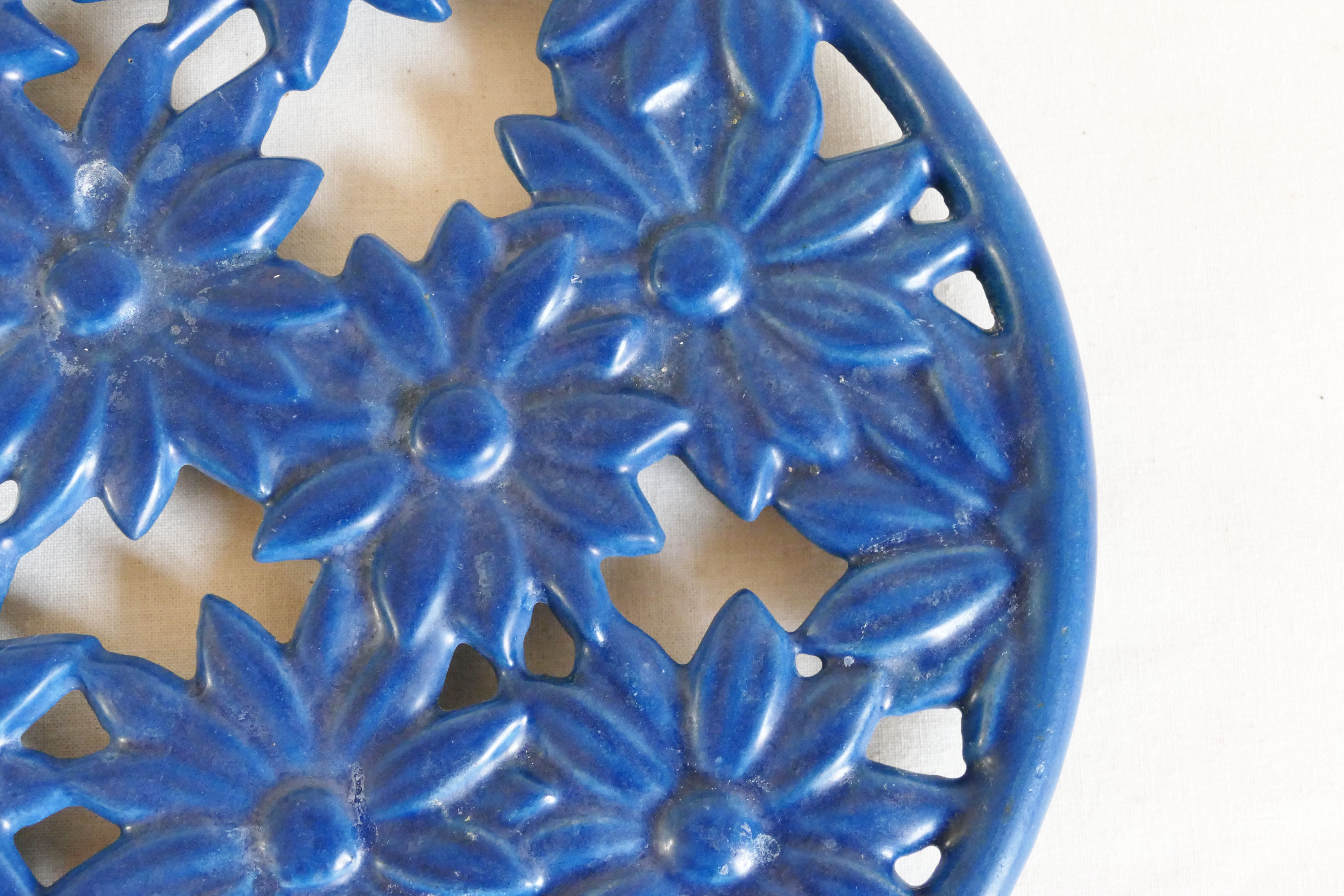 Old French blue enamelled cast iron underside