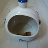 Ceramic salt pot and wooden spatula