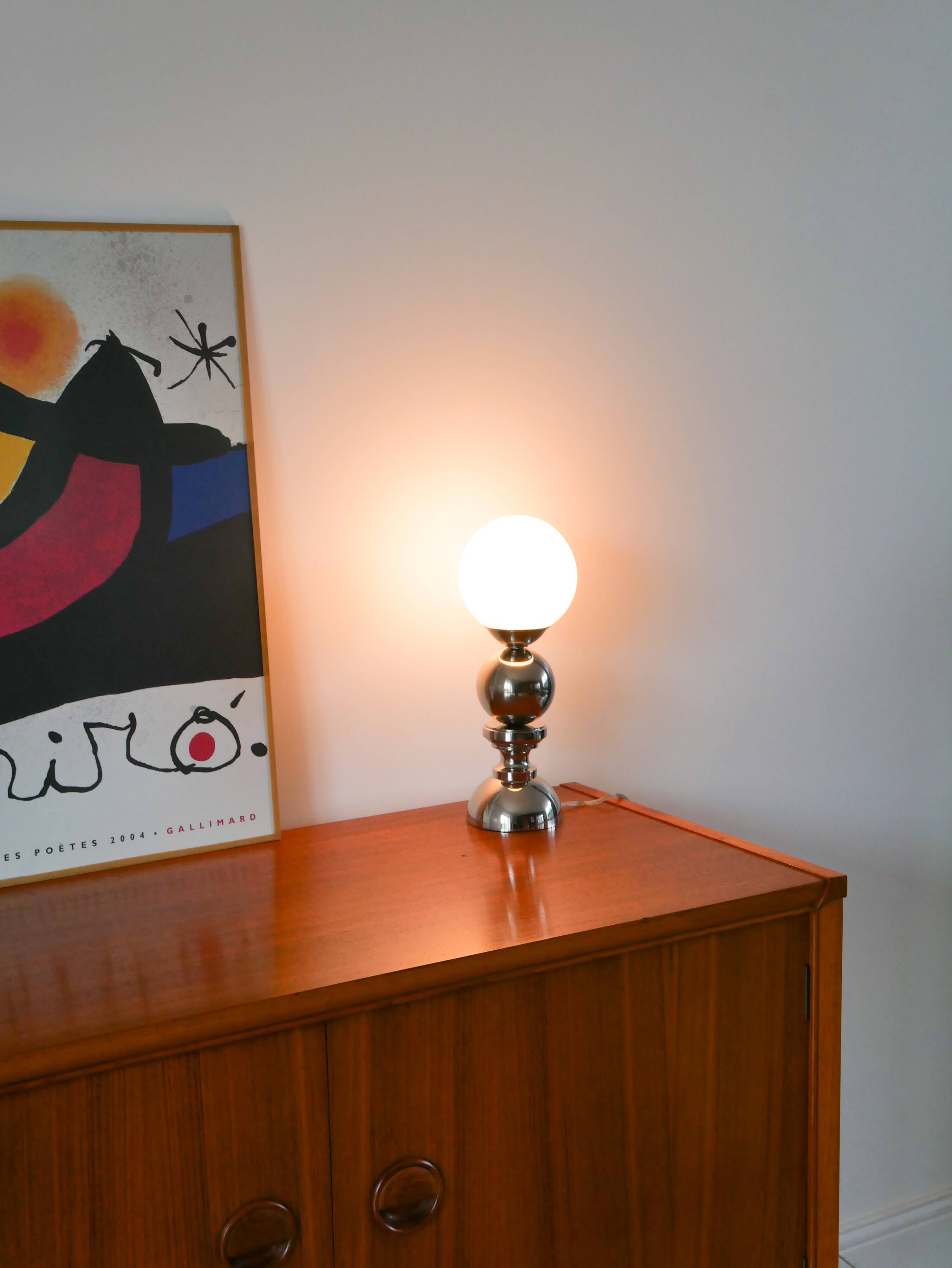 Chromed metal lamp and opaline globe, Space Age Design, 1970