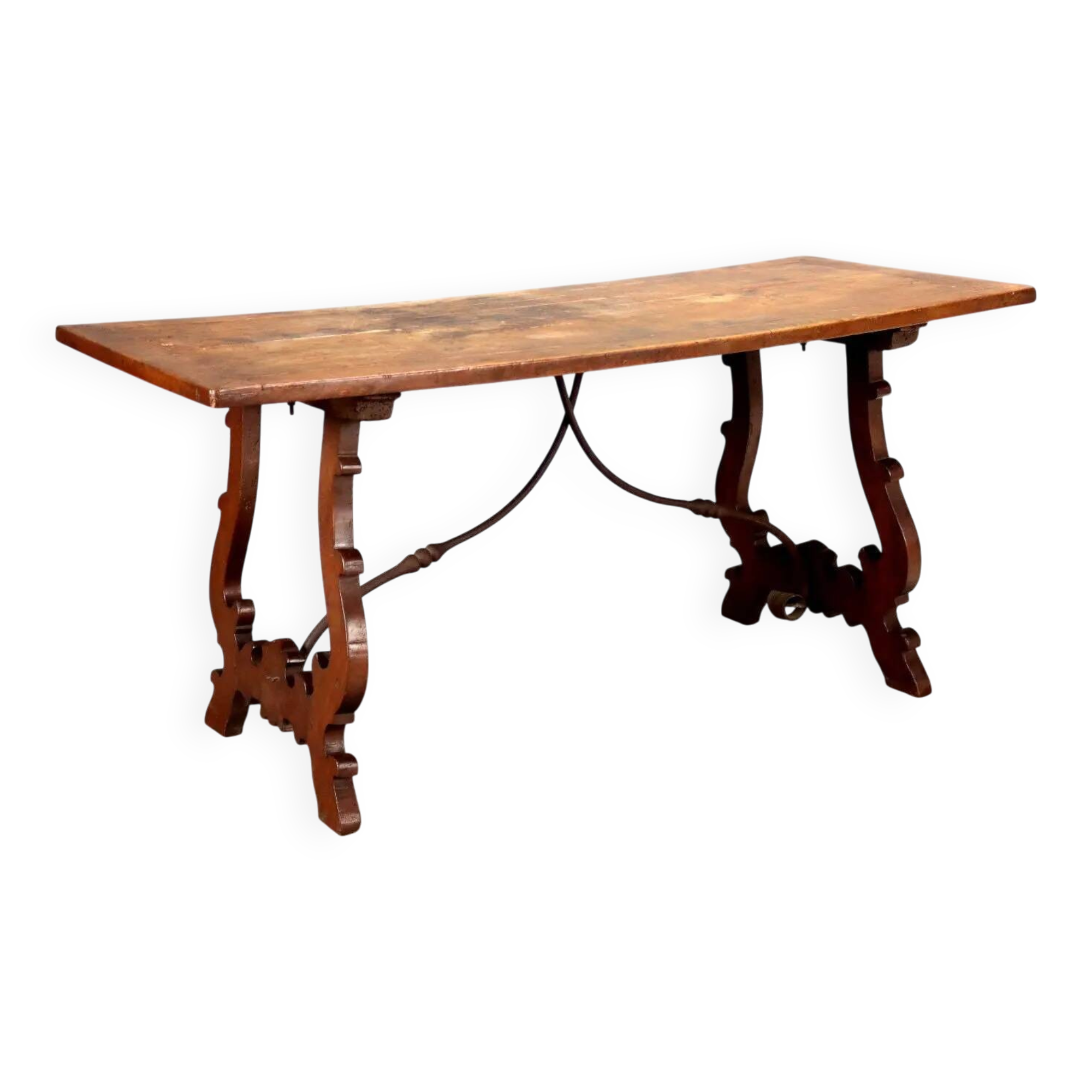 Old refectory table in walnut and wrought iron, Italy, 20th century