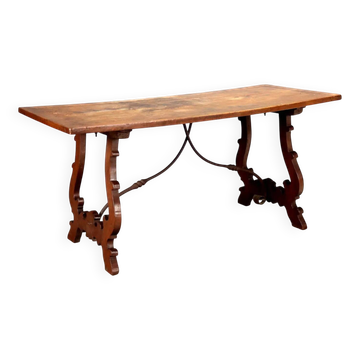 Table de réfectoire ancienne en noyer et fer forgé, Italie, XXe siècle