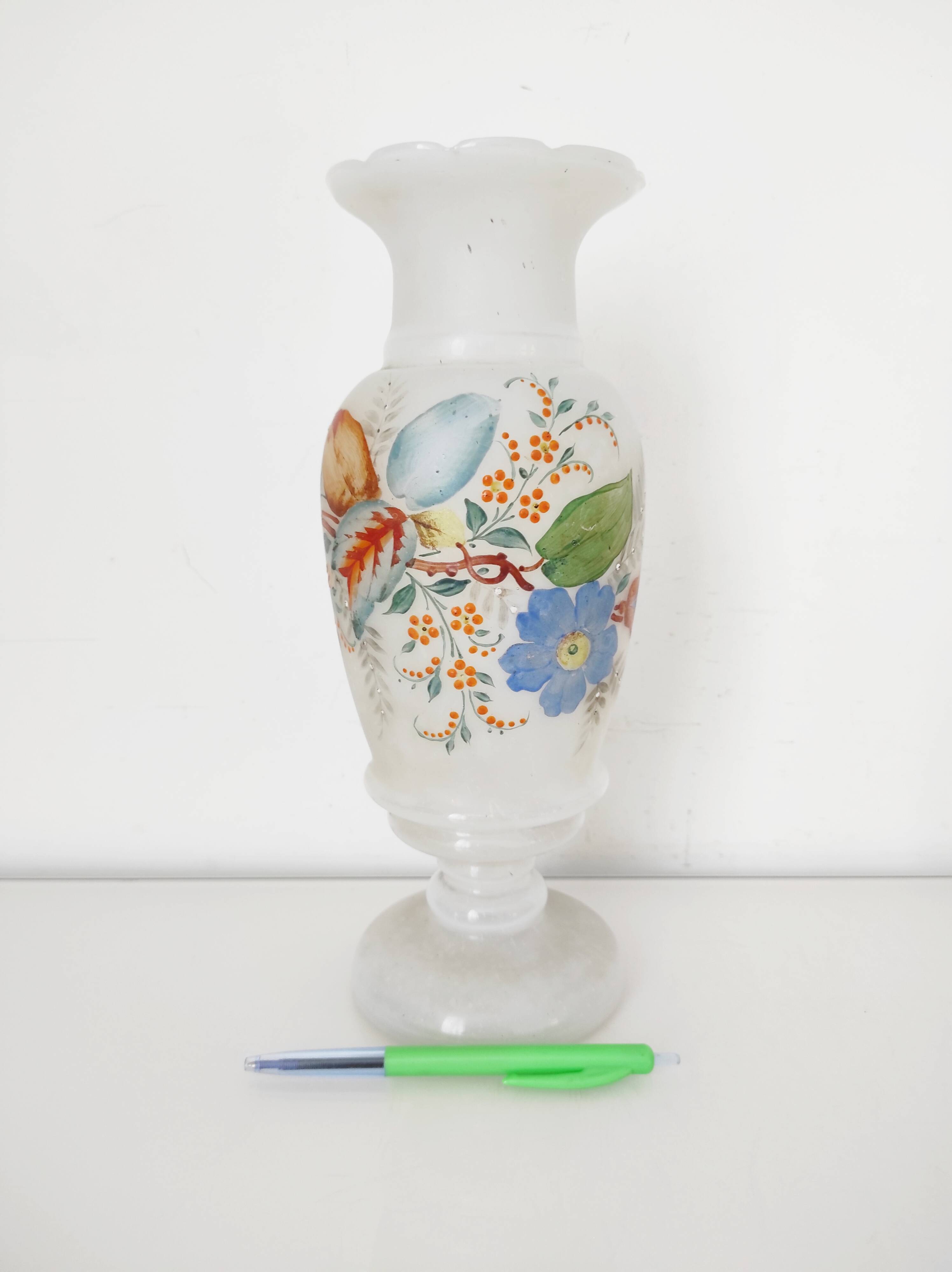 Opaline glass vase with hand-painted flowers, 1900