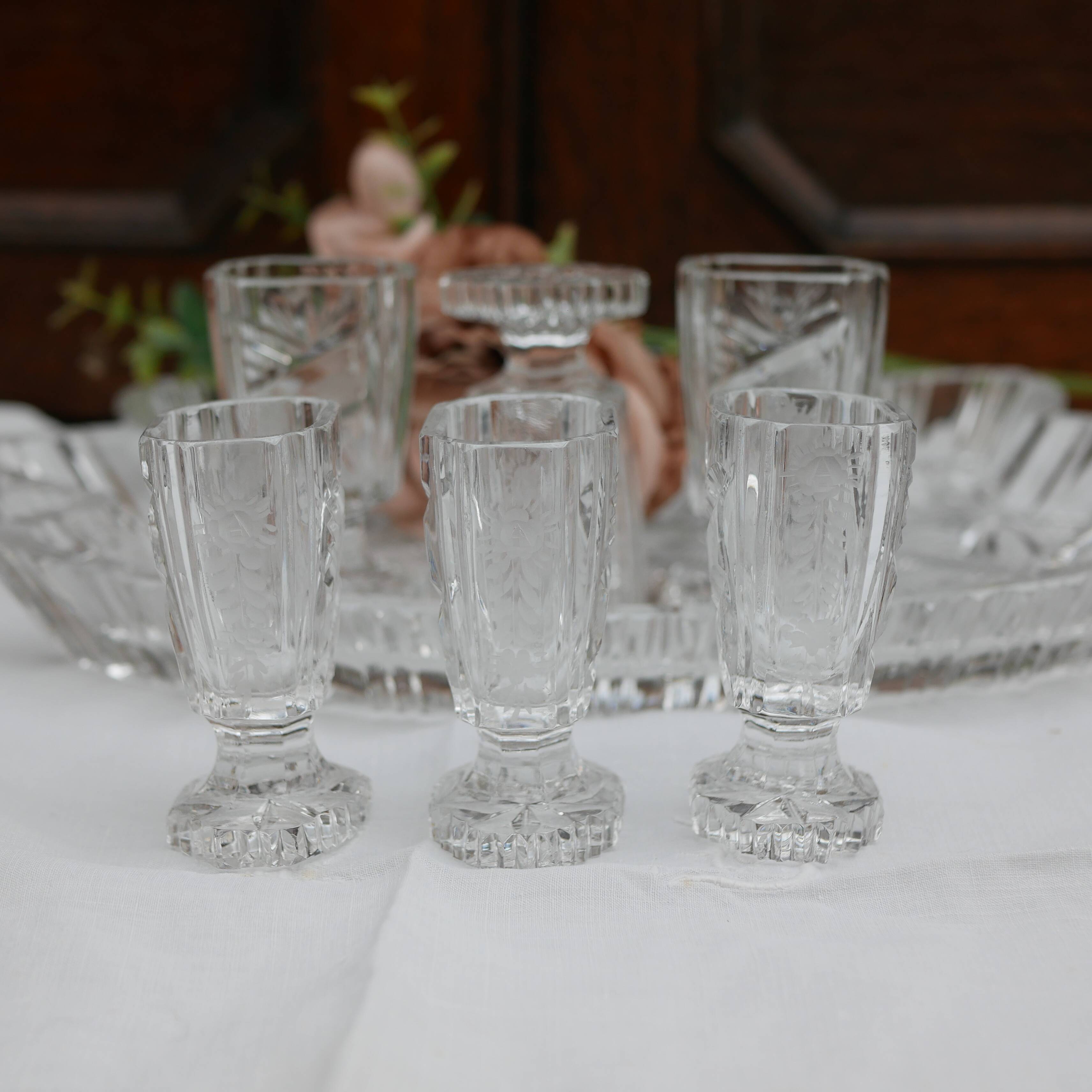 Bavarian liqueur decanter, six glasses and tray