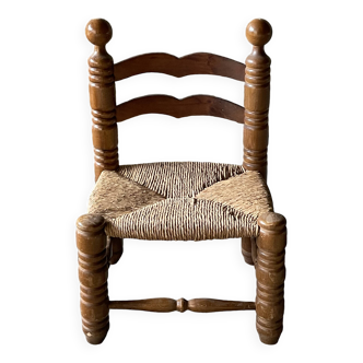 Rustic oak and straw chair, France 1940s