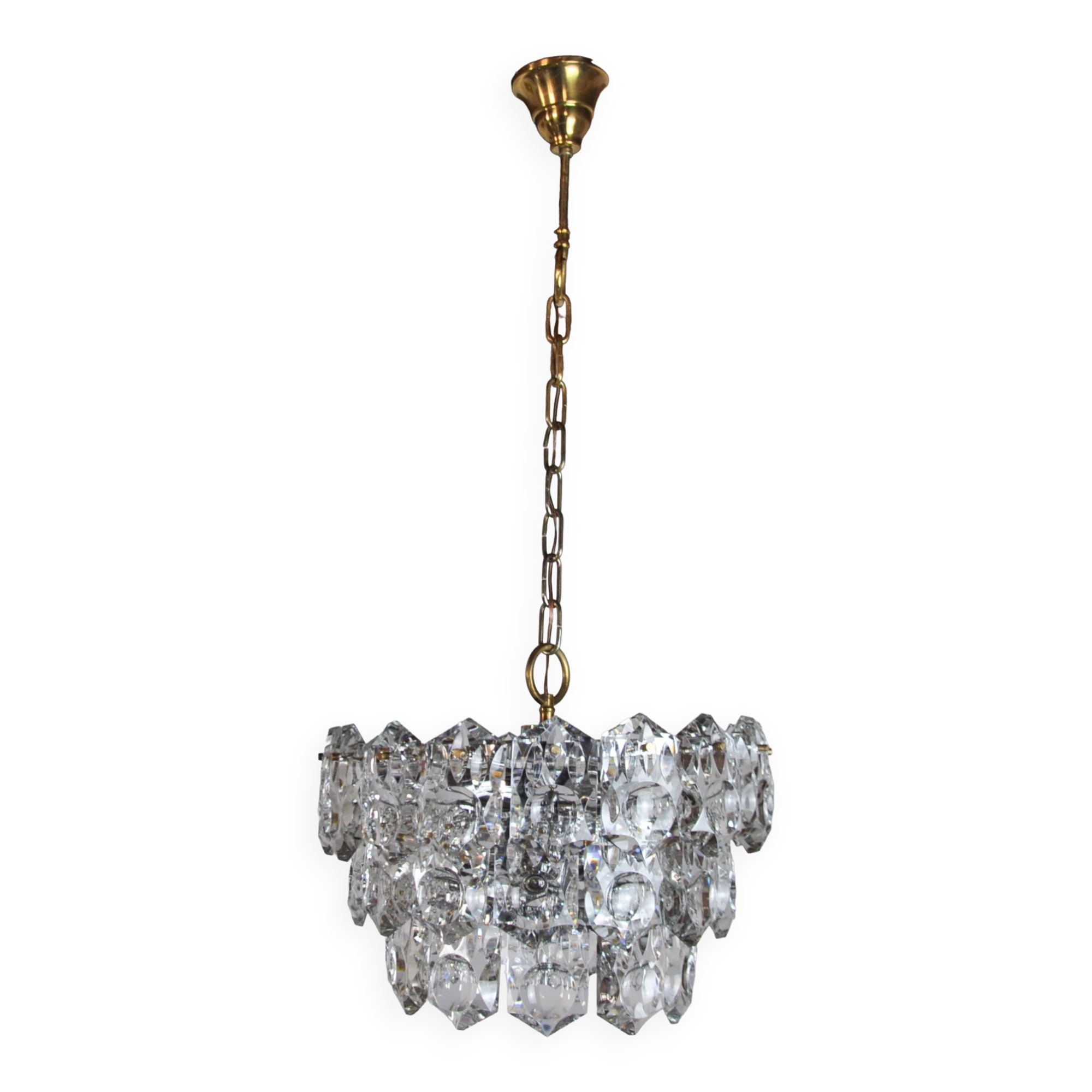 Golden Kinkeldey chandelier, cut glass, 3 levels, Germany, 1970