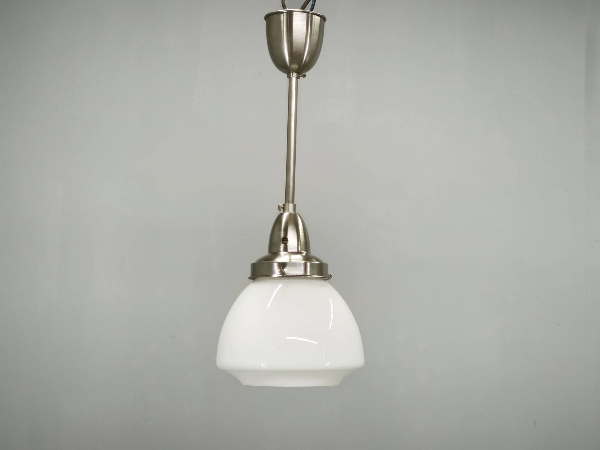 Pair of 1930s Czech Art Deco Opaline Glass and Chrome Pendant Lights