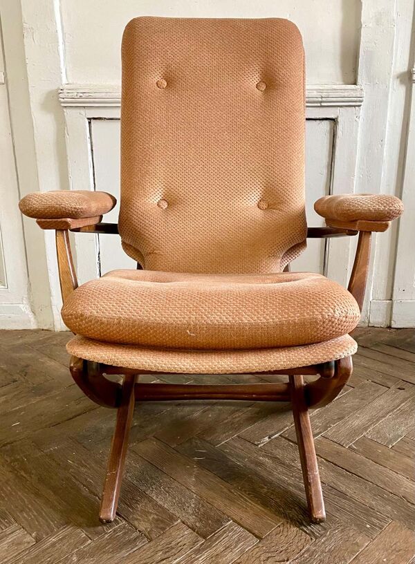 Fauteuil pliant relax vintage bois et velours avec accoudoirs - 70's