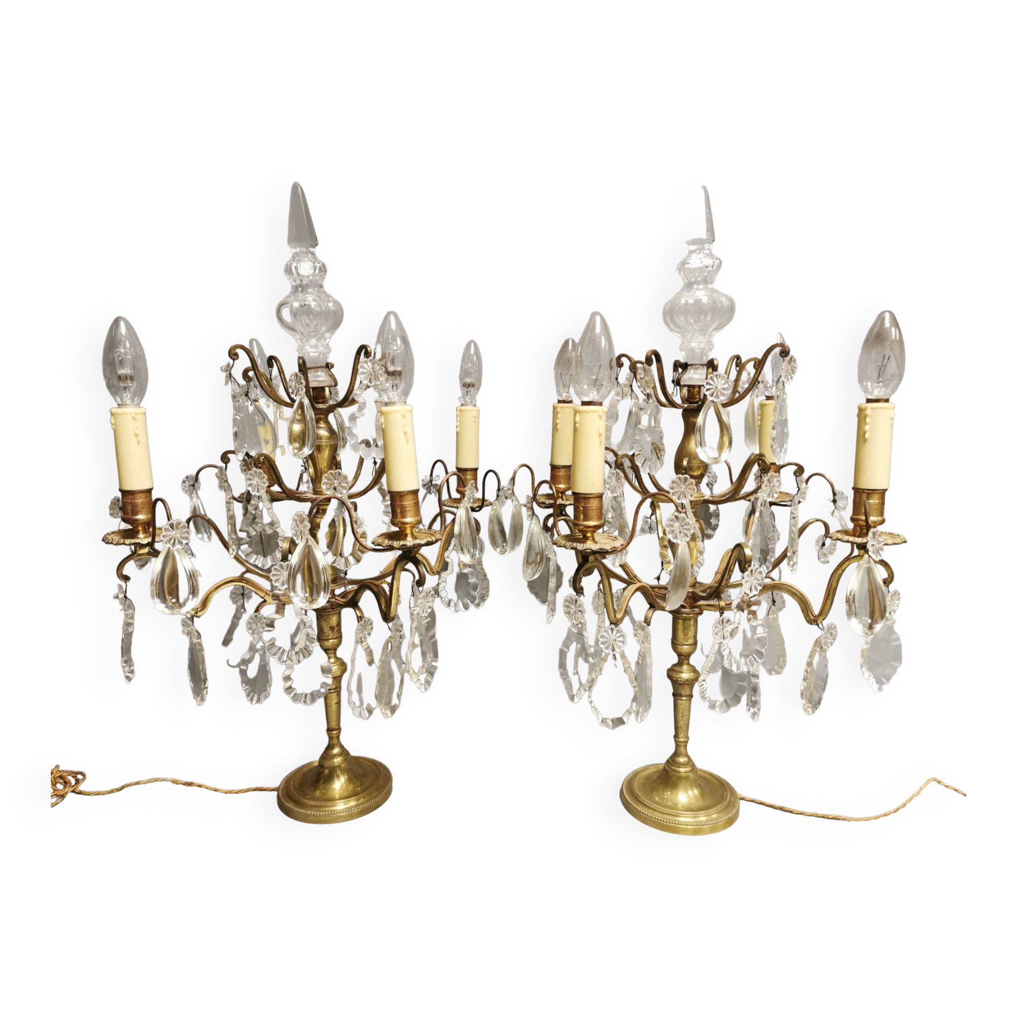 Pair of large electrified girandole candlesticks with crystal tassels