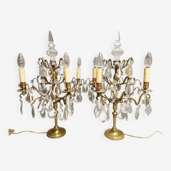 Pair of large electrified girandole candlesticks with crystal tassels