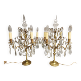 Pair of large electrified girandole candlesticks with crystal tassels