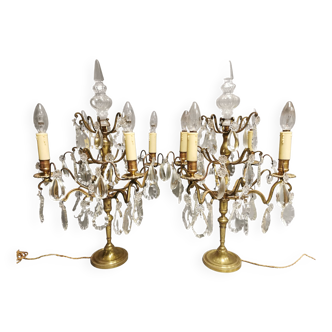 Pair of large electrified girandole candlesticks with crystal tassels