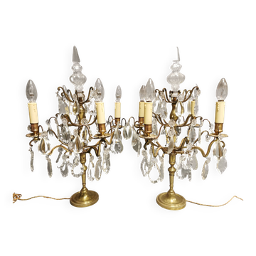 Pair of large electrified girandole candlesticks with crystal tassels