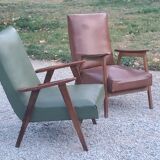 Pair of vintage Scandinavian style armchairs with moleskine compass legs from the 1950s