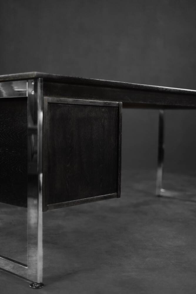 Vintage Mid-Century Danish Black Modern Minimalist Oak Office Desk with Chrome Base, 1970s