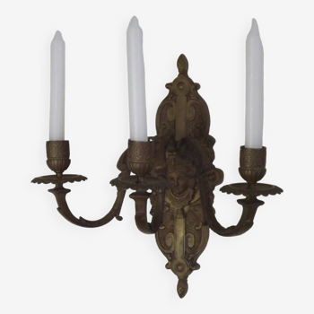 French Antique Bronze Neoclassical Triple Candle Wall Sconce Face Detail 4705