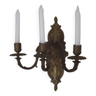 French Antique Bronze Neoclassical Triple Candle Wall Sconce Face Detail 4705