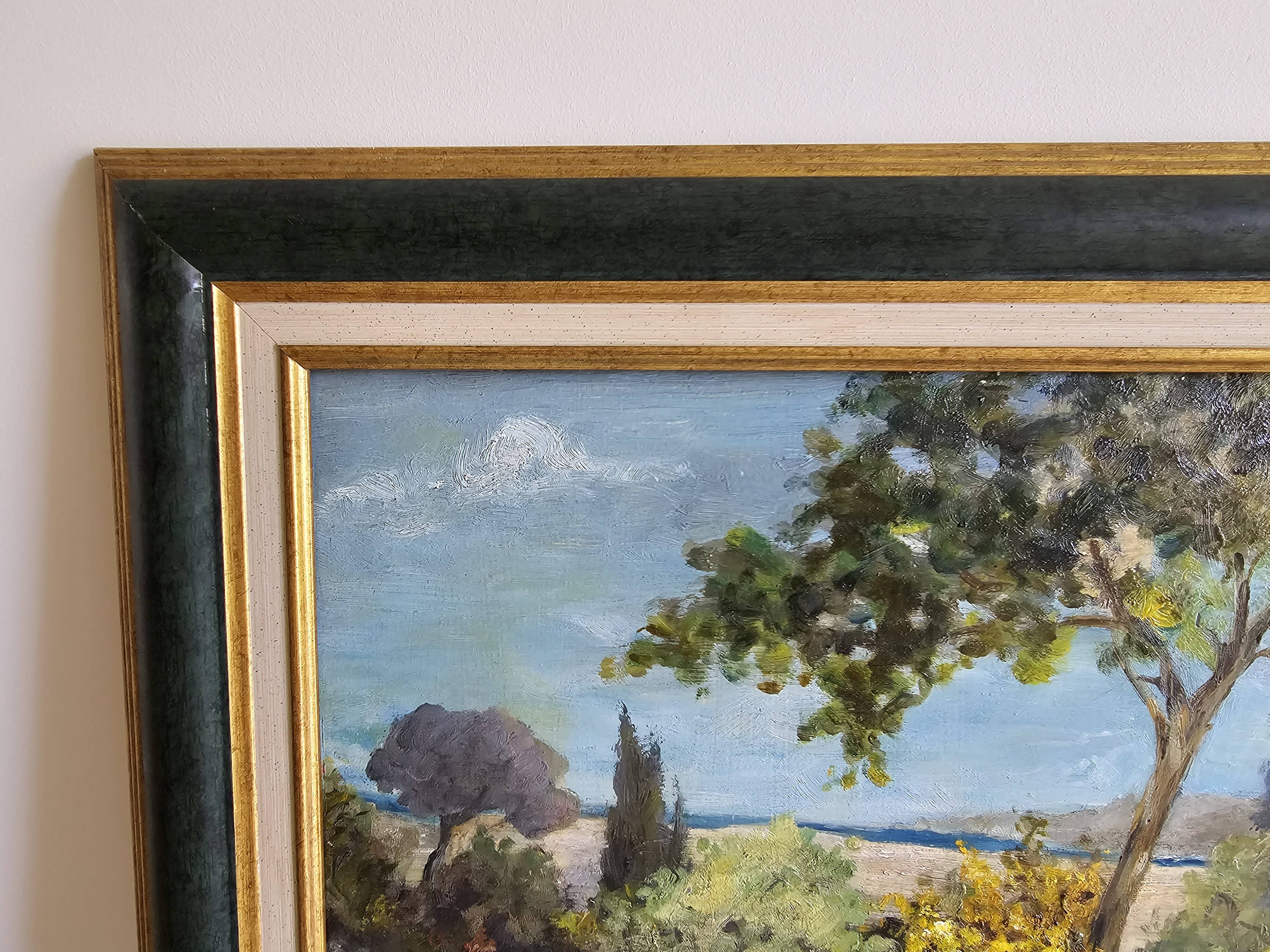 Oil painting on Isorel - Mediterranean landscape with Mimosa, signed Greuillet.