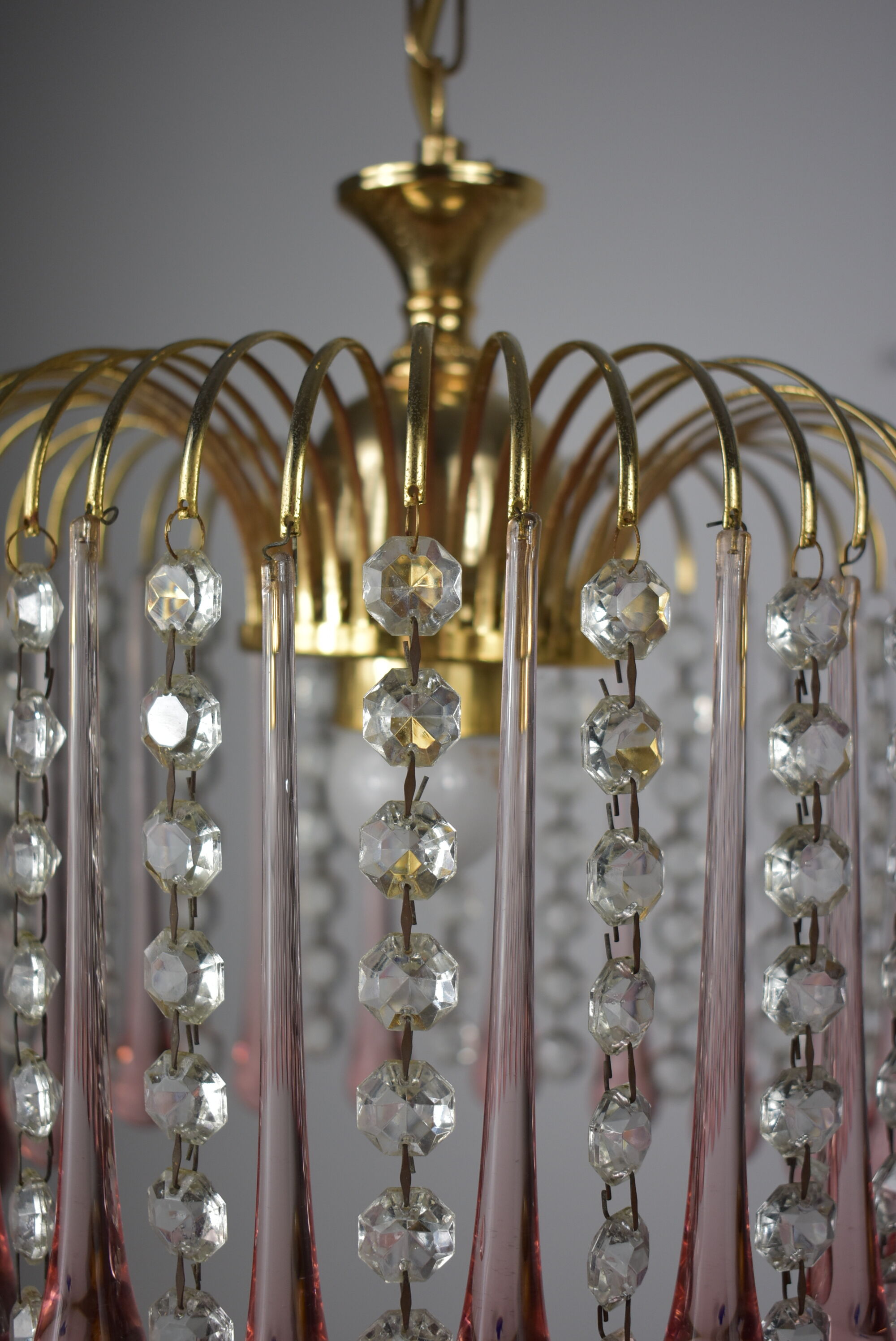 chandelier glass stamps, pink glass drops.