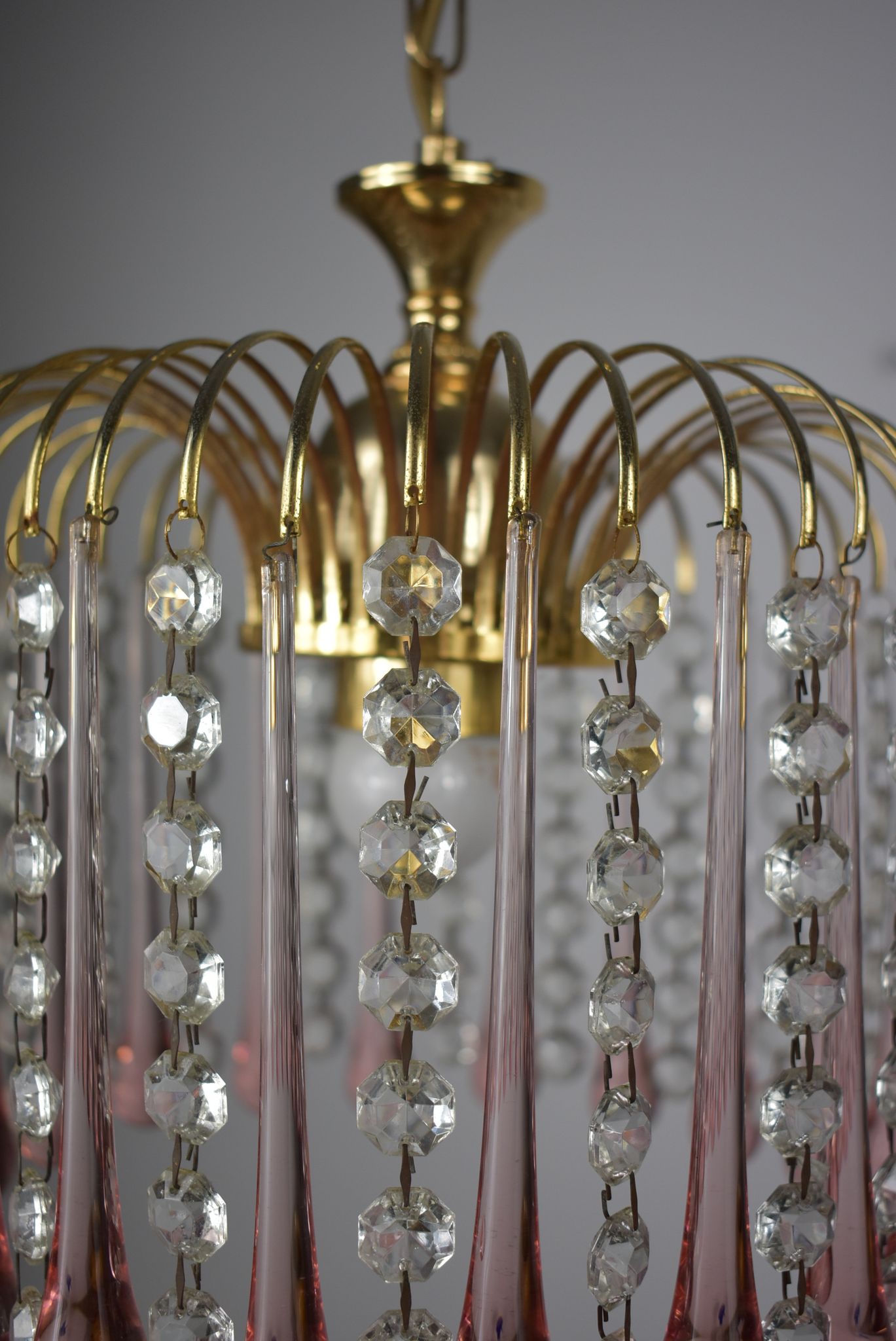 chandelier glass stamps, pink glass drops.