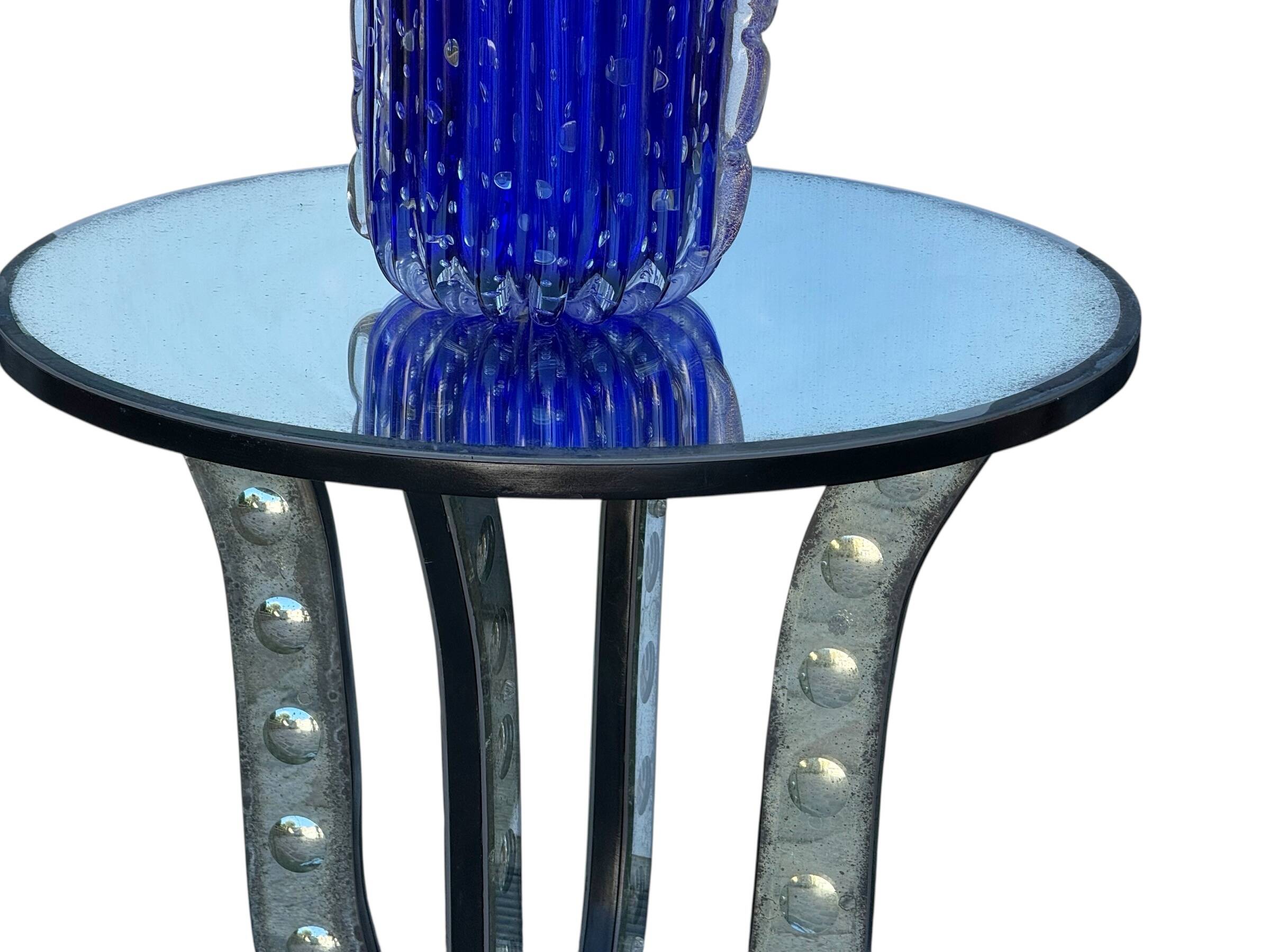Table / pedestal table in aged glass with bubble decor from the 70s