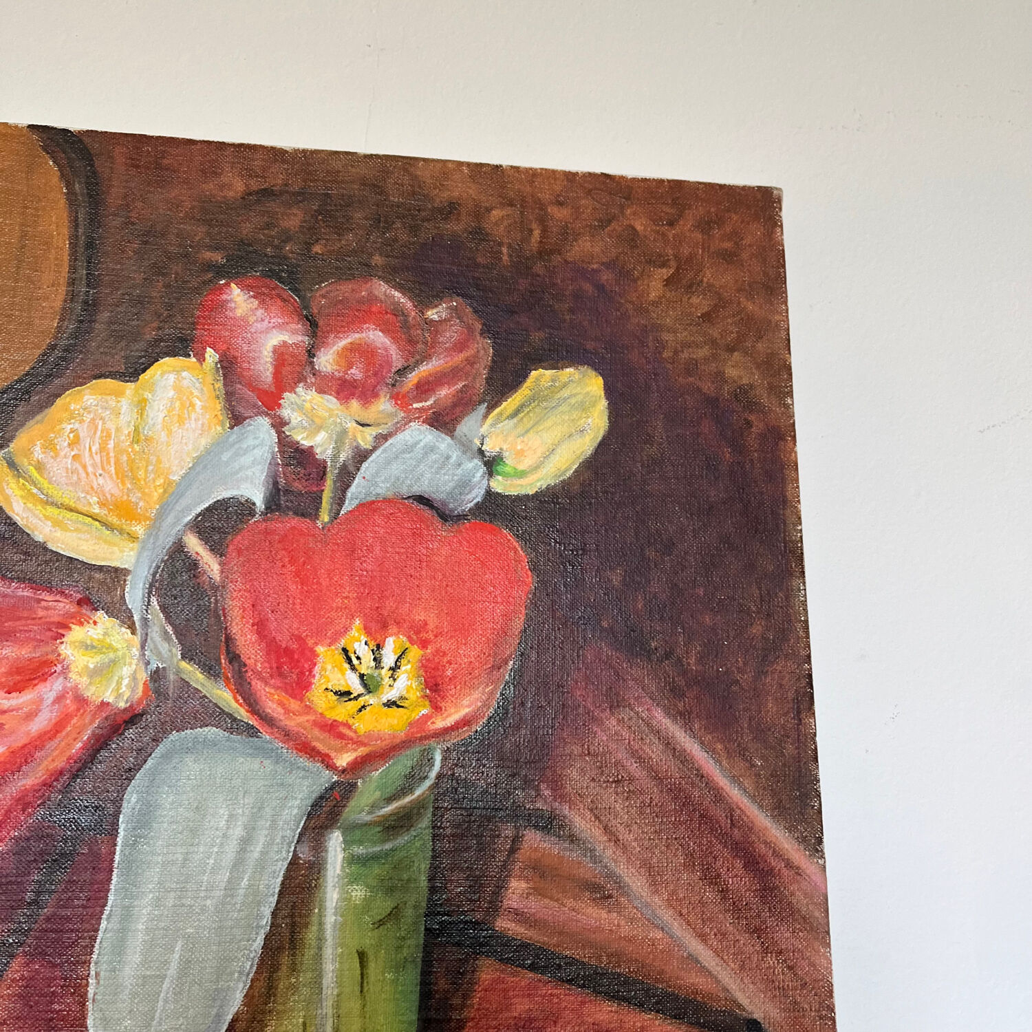 Still life canvas painting tulips on table signed r saintin