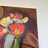 Tableau sur toile nature morte tulipes sur table signé r saintin